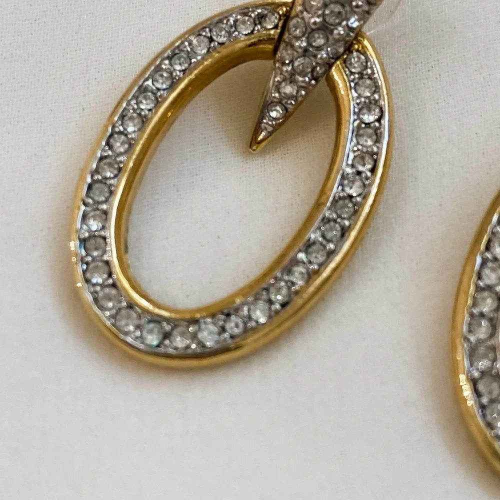 VTG Gold Oval V Paved Diamond Earrings